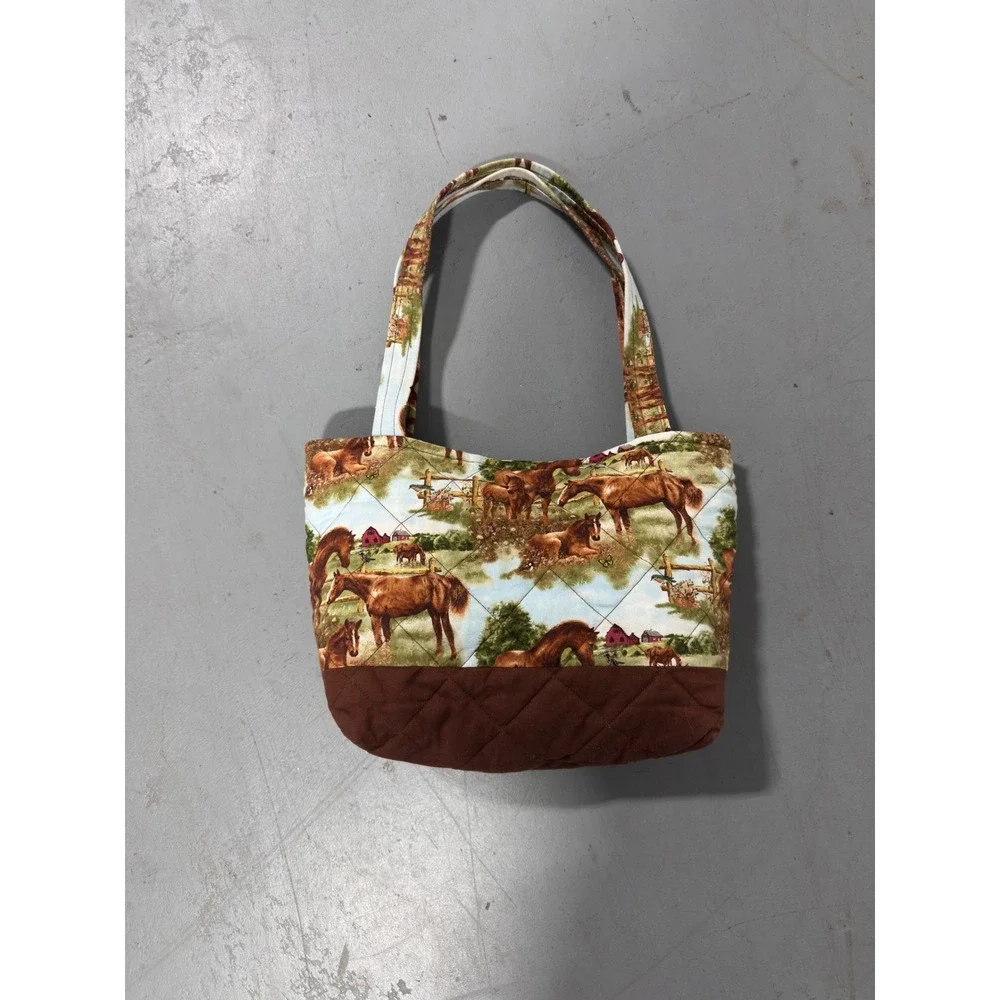 Handmade Quilted Horse Print Tote Bag Brown Equestrian Scenic Shoulder Bag